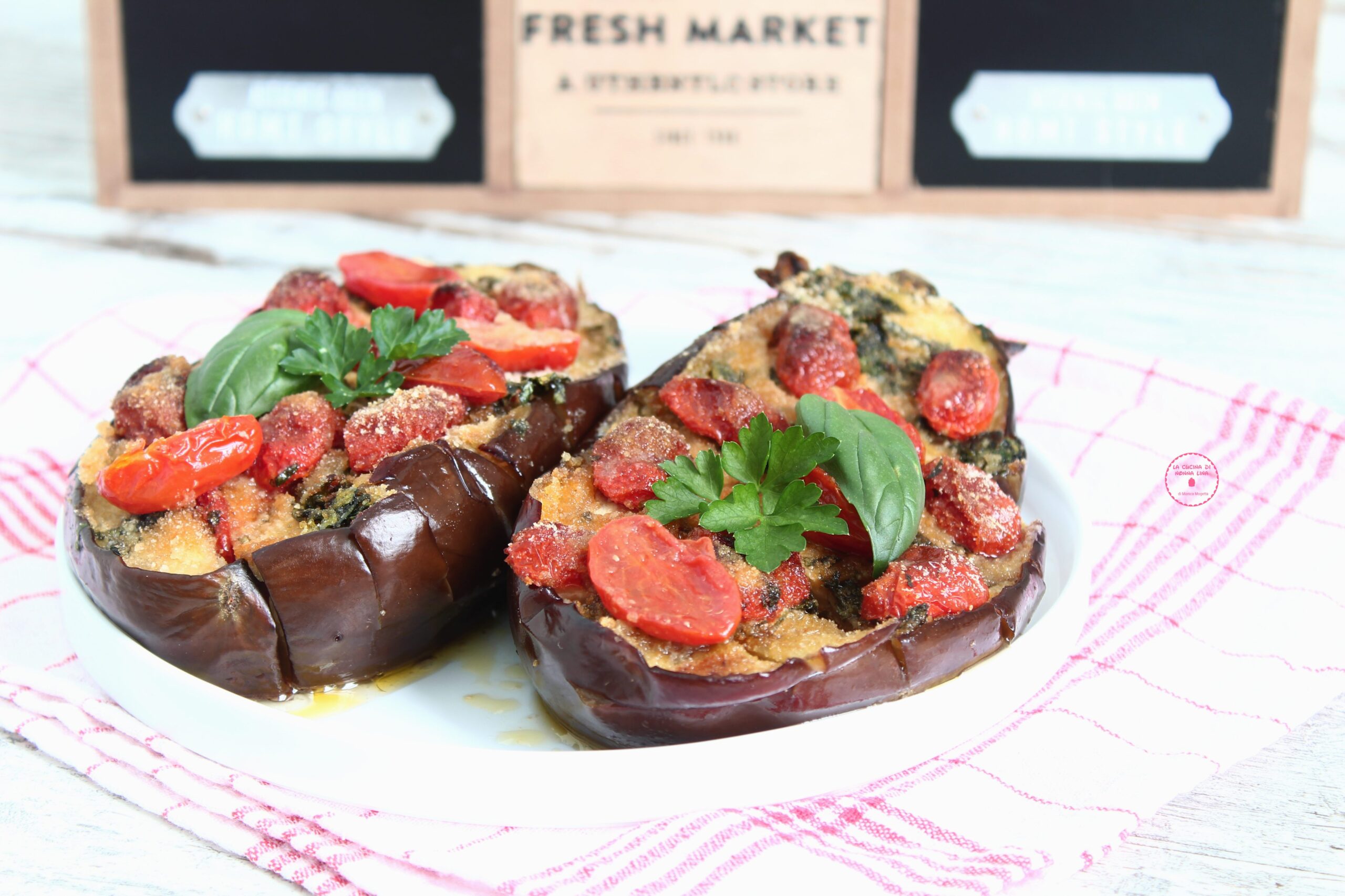 Crosshatched Eggplants with Cherry Tomatoes