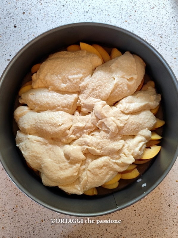 pour batter over peach slices