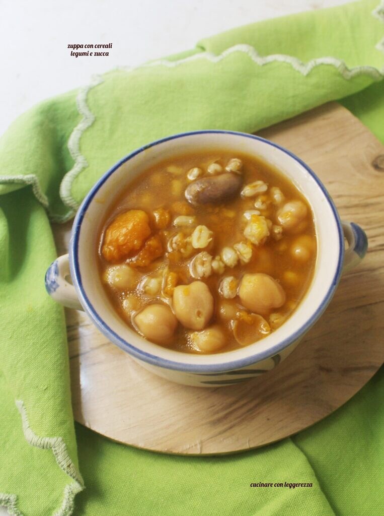soup with grains, legumes, and pumpkin