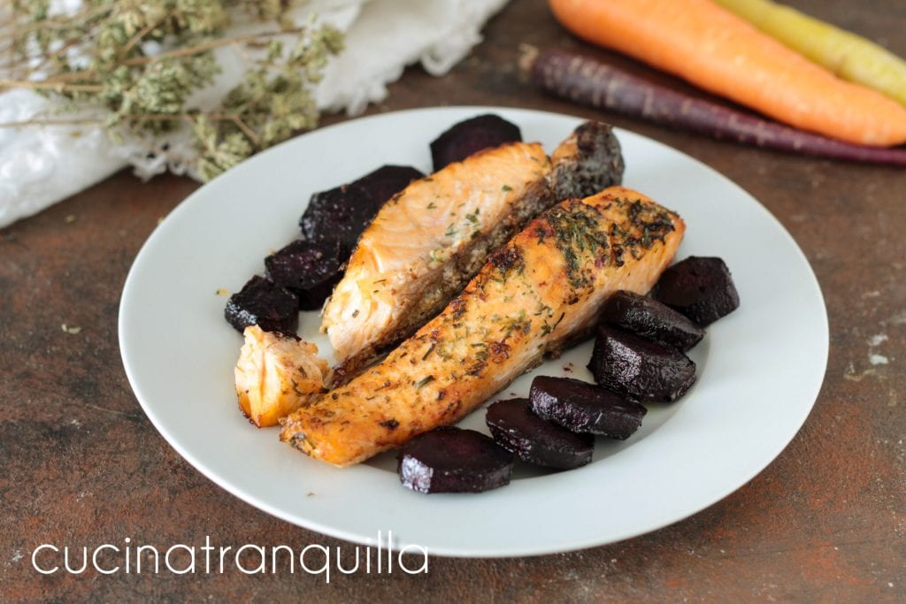 Air Fryer Marinated Salmon with Purple Carrots