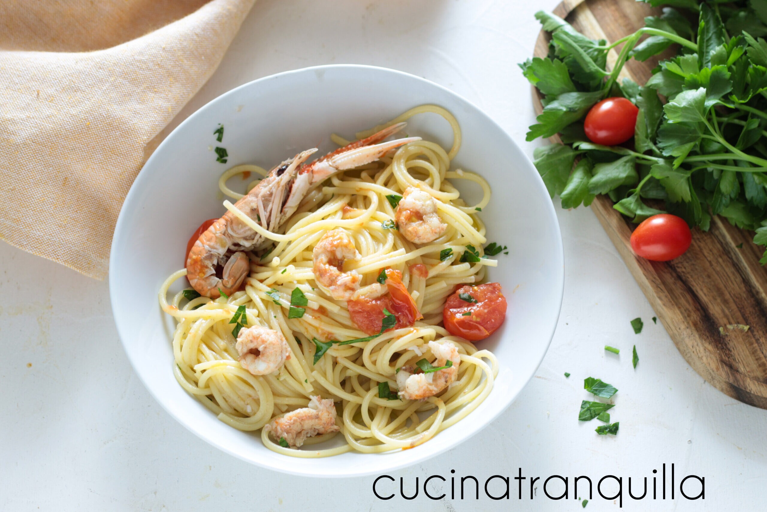 Spaghetti with Langoustines and Cherry Tomatoes