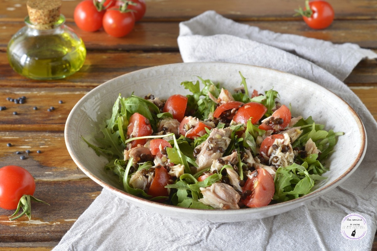 Lentil Salad with Mackerel, Arugula, and Cherry Tomatoes