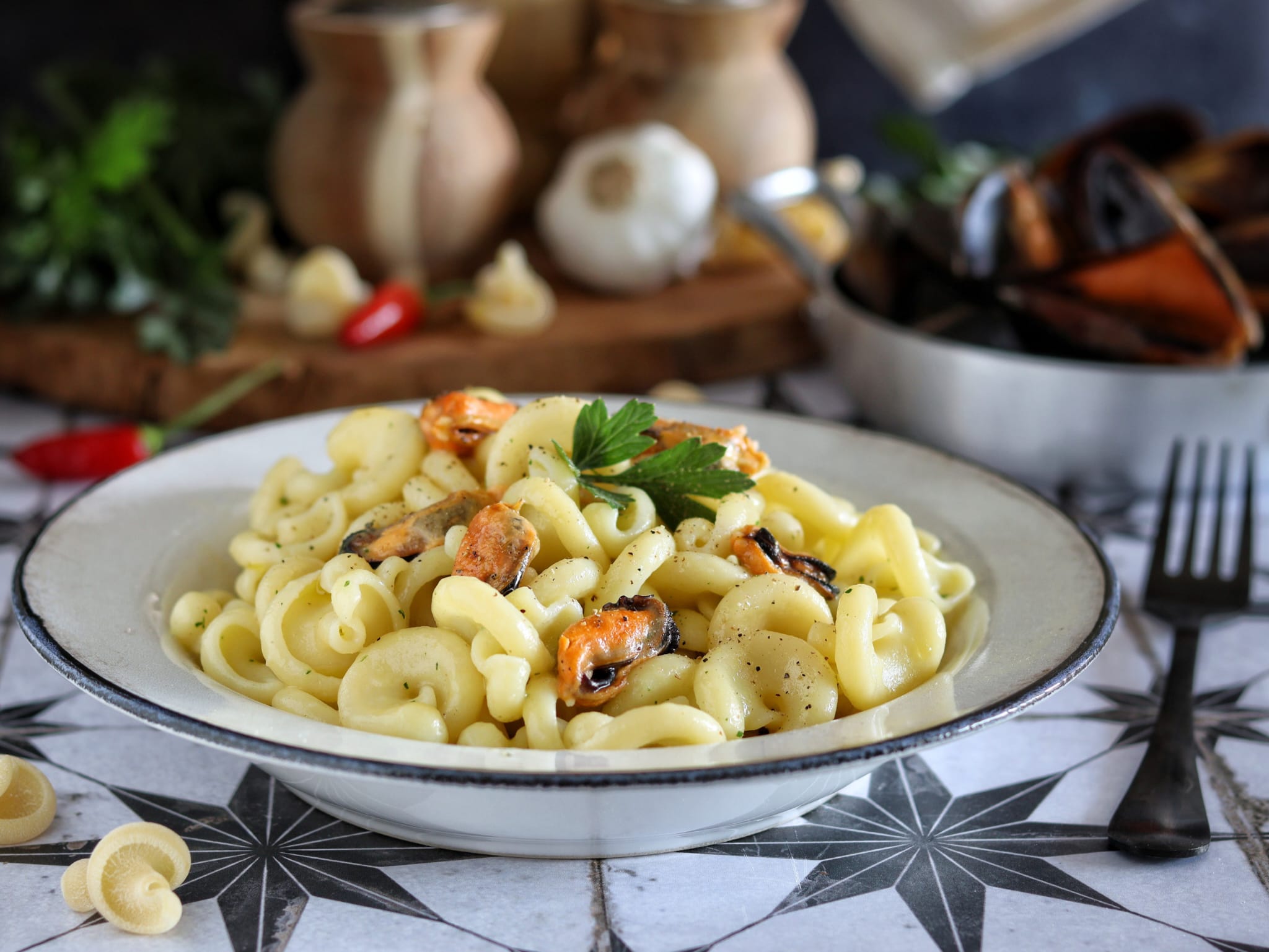 Pasta with Potato Cream and Mussels