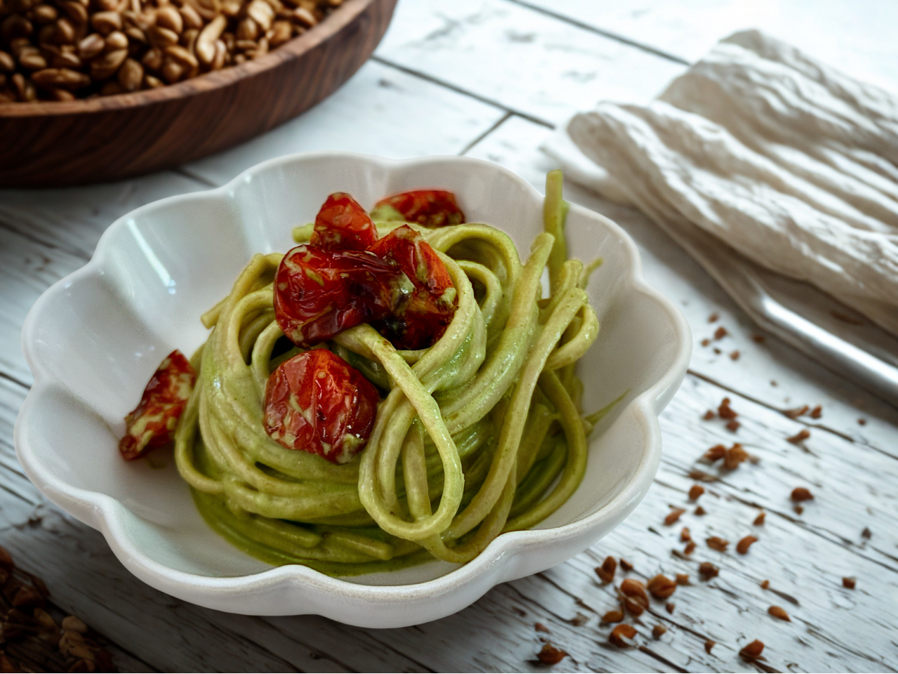 PASTA WITH CONFIT TOMATOES AND SPINACH AND ARUGULA PESTO