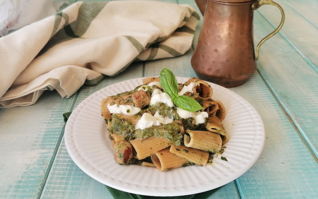 MEZZE MANICHE WITH BURRATA, BASIL, AND SAUSAGE
