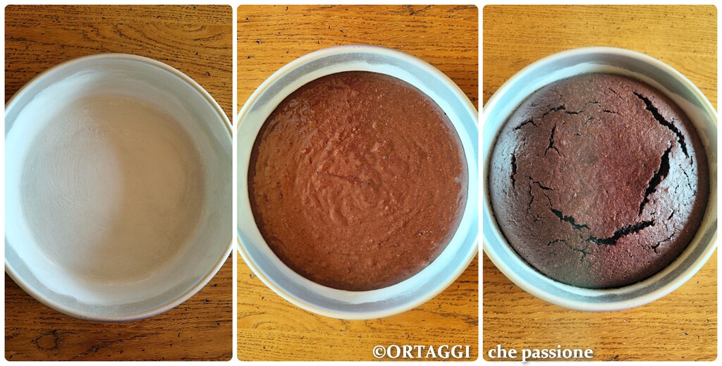 pour into cake pan and bake almond and cocoa cake