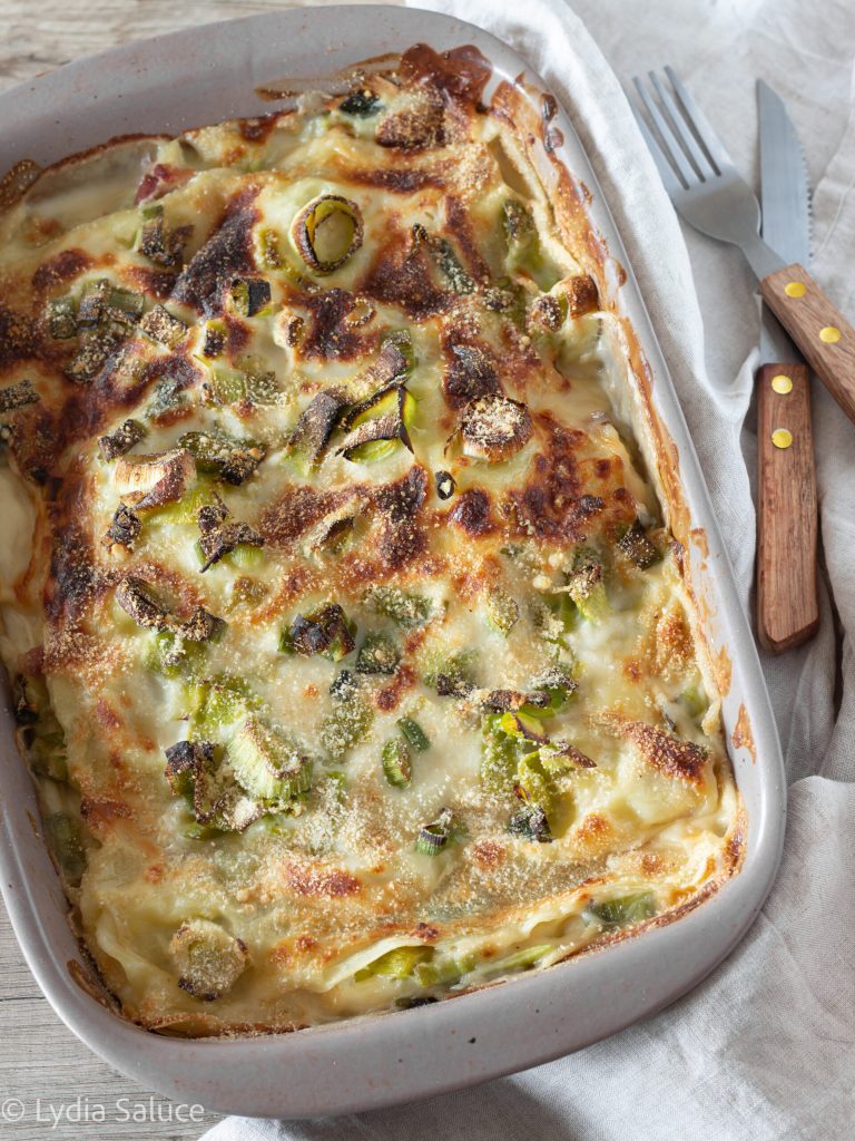 white lasagna with speck and leeks