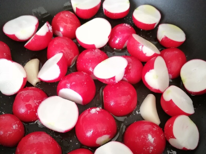 Radishes cooked in a pan