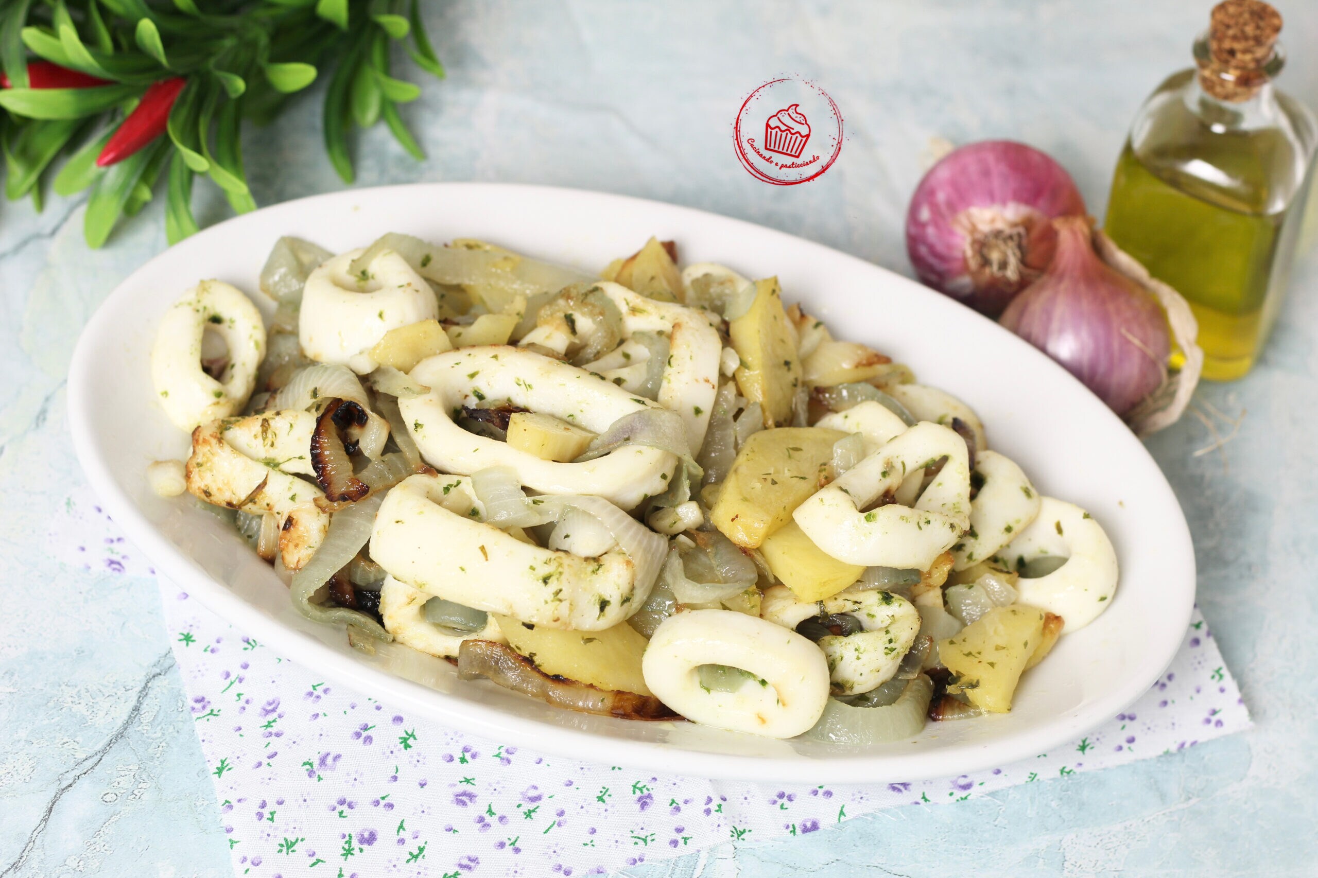 Squid with Potatoes and Onions Cooked in an Air Fryer