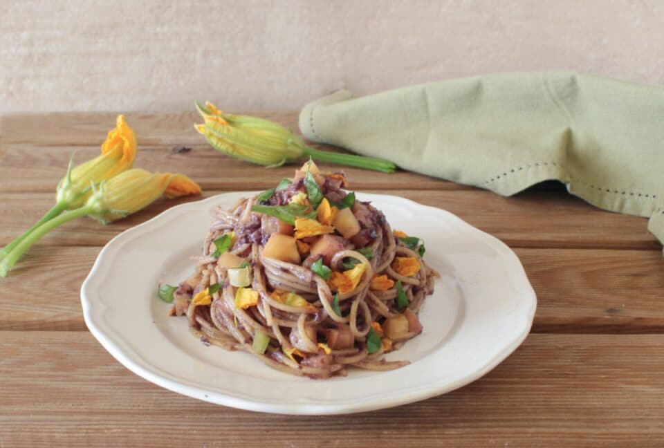 Spaghetti with Olive Cream and Zucchini Blossoms