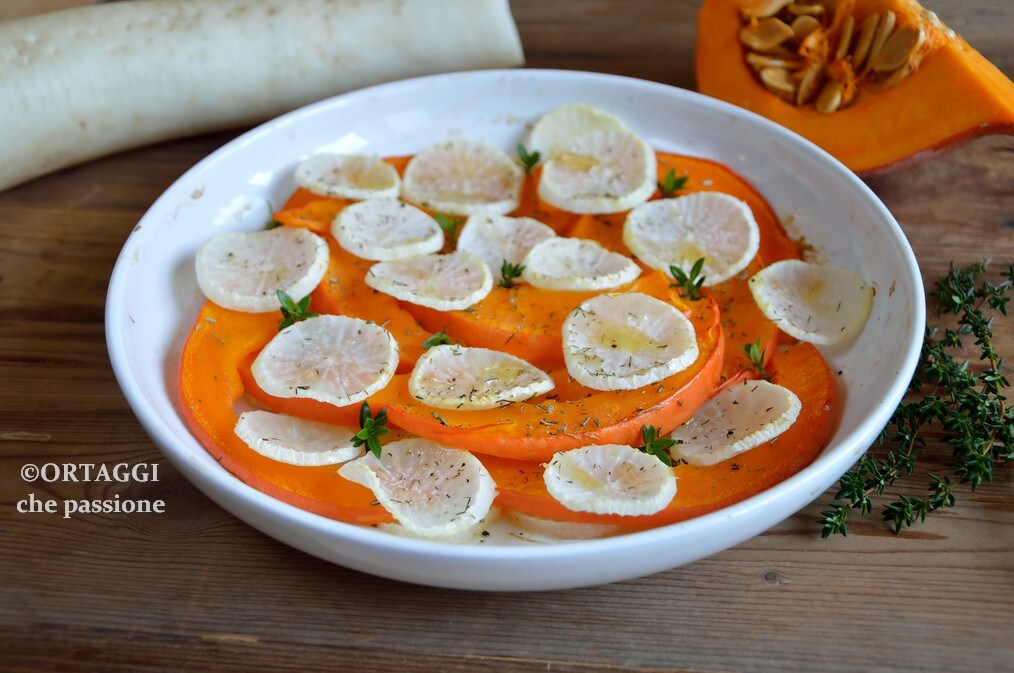 Baked Daikon with Pumpkin (and/or Carrots – Potatoes)