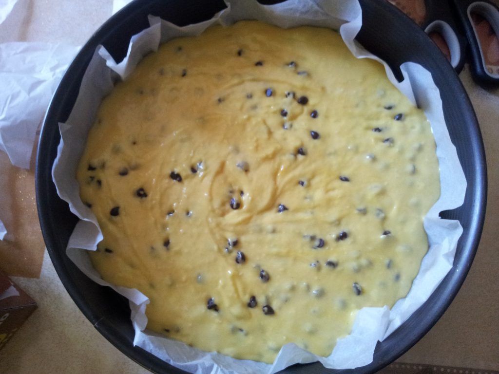 Quick chocolate chip and coconut cake before baking
