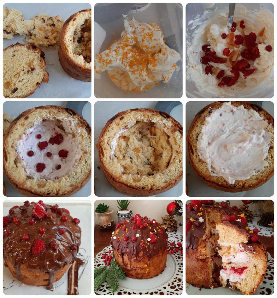 Stuffed Panettone with Mascarpone Cream and Red Berries Covered in Chocolate