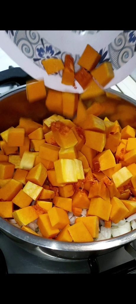 Add oil, onion, carrots, and pumpkin to the pot