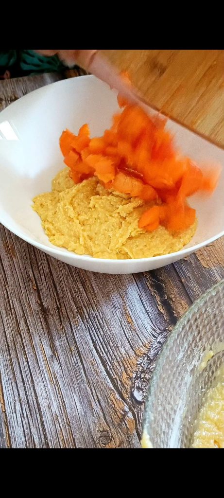 Add the apricots to half of the batter