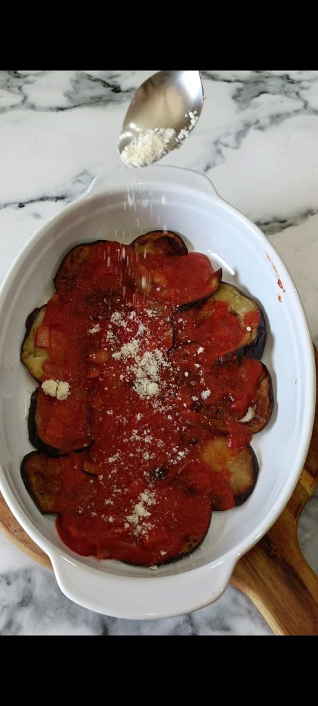 We assemble the eggplant parmesan