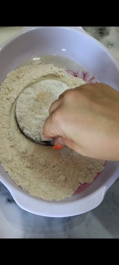 We coat the eggplants in flour