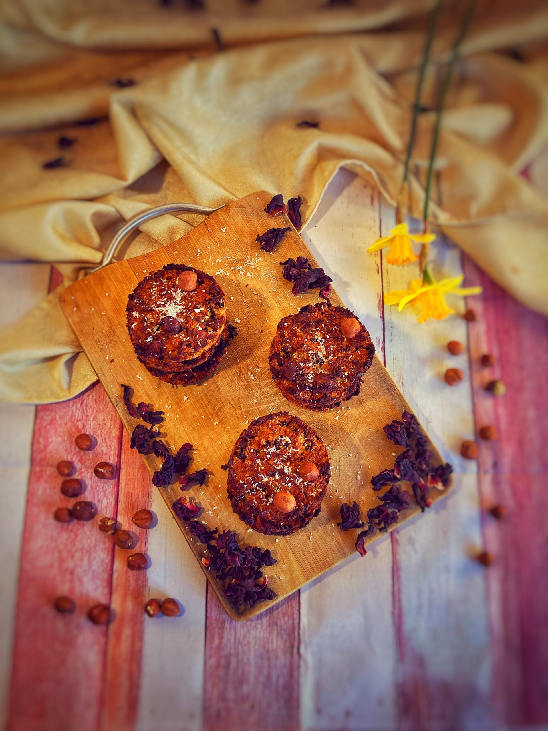 Protein Cookies with Hazelnuts, Coconut, and Hibiscus Flowers