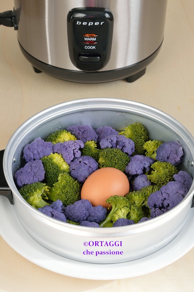 rice cooker - steaming broccoli cauliflower and eggs