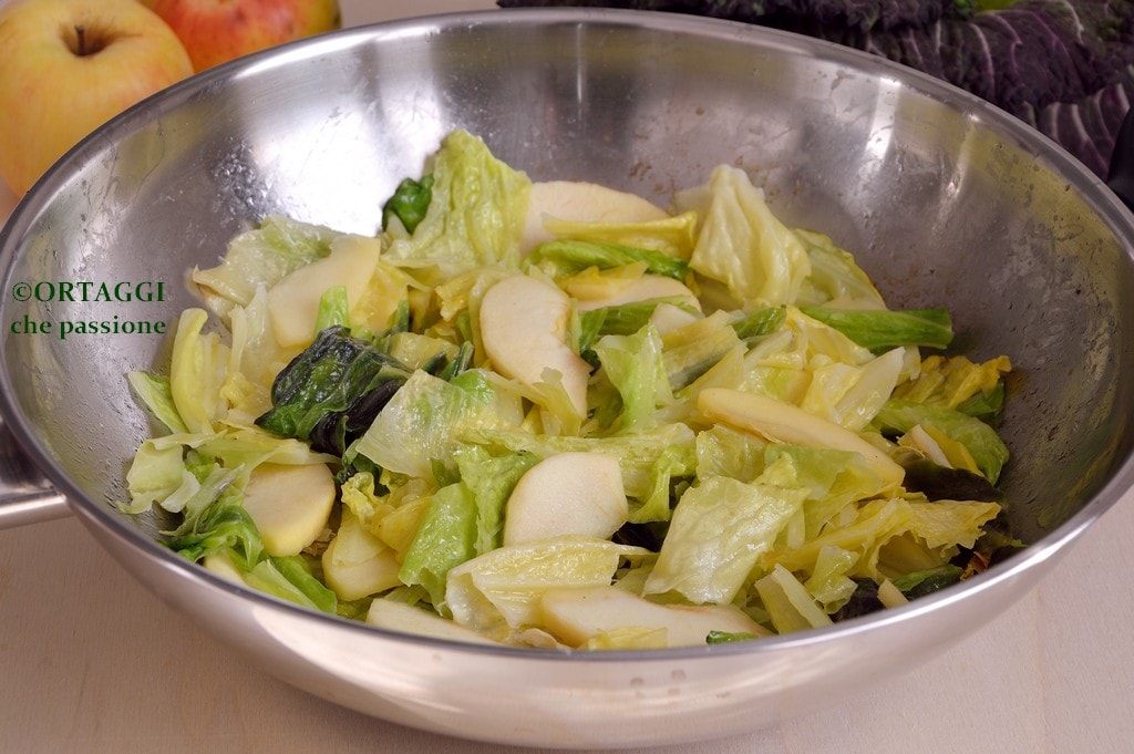 savoy cabbage and apple in pan crispy and tasty
