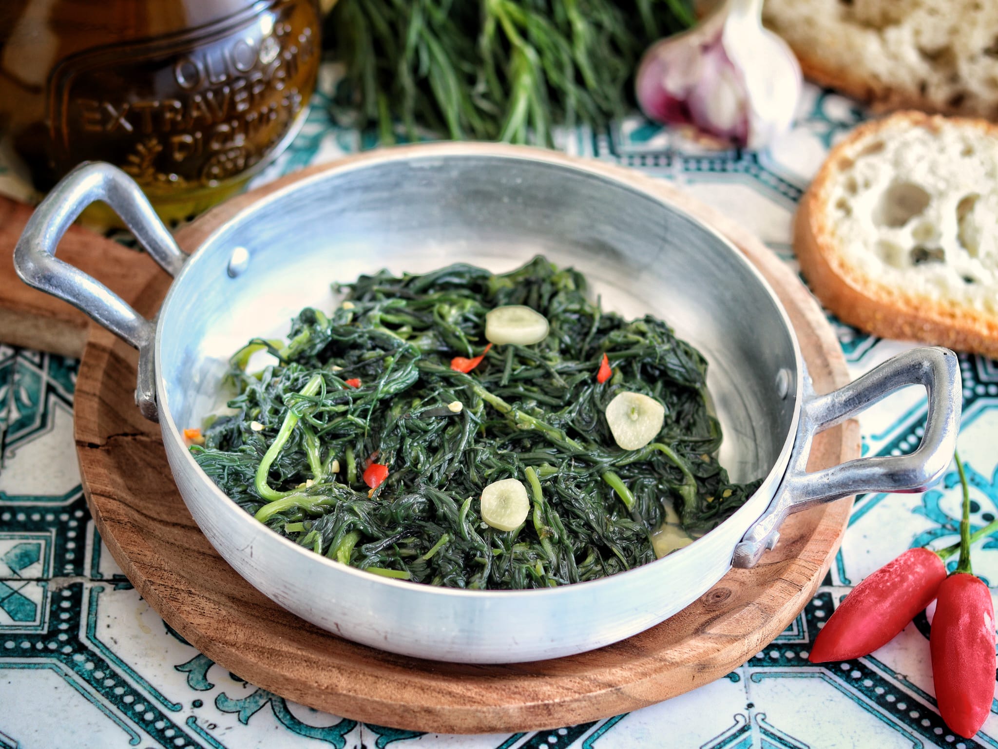 Agretti in the Pan with Garlic, Oil, and Chili