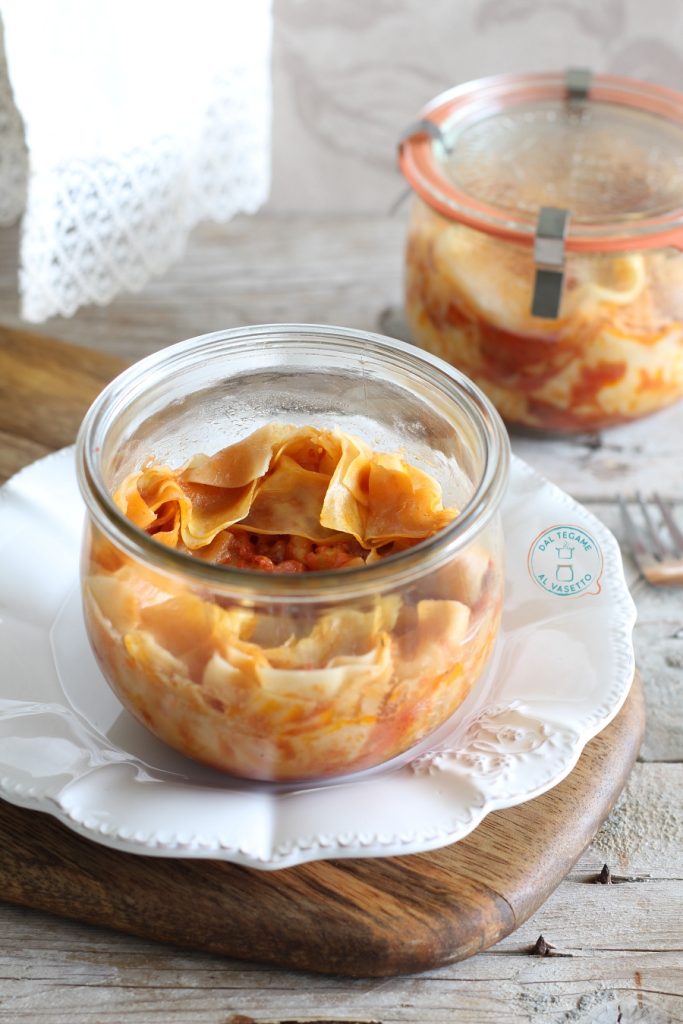 Lasagna sheets with tomato, pancetta, and pecorino cooked in a jar using the jar-cooking technique