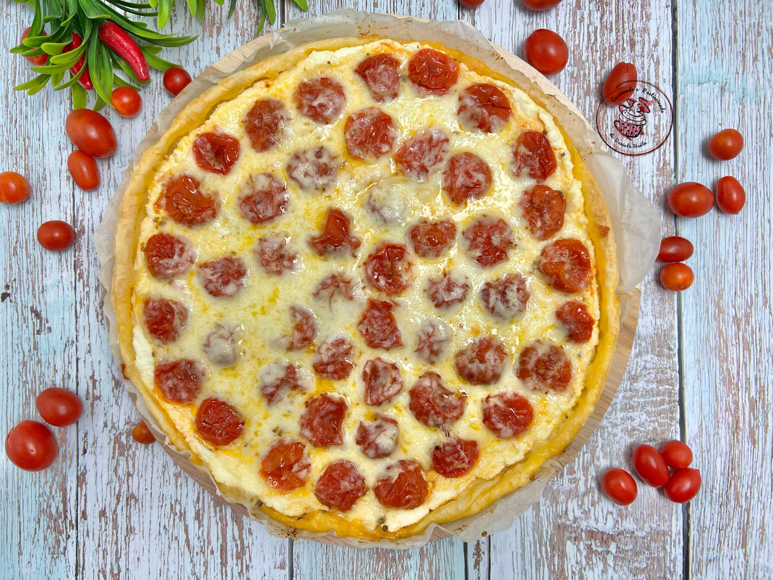 Savory Pie with Ricotta and Cherry Tomatoes in Oven or Microwave