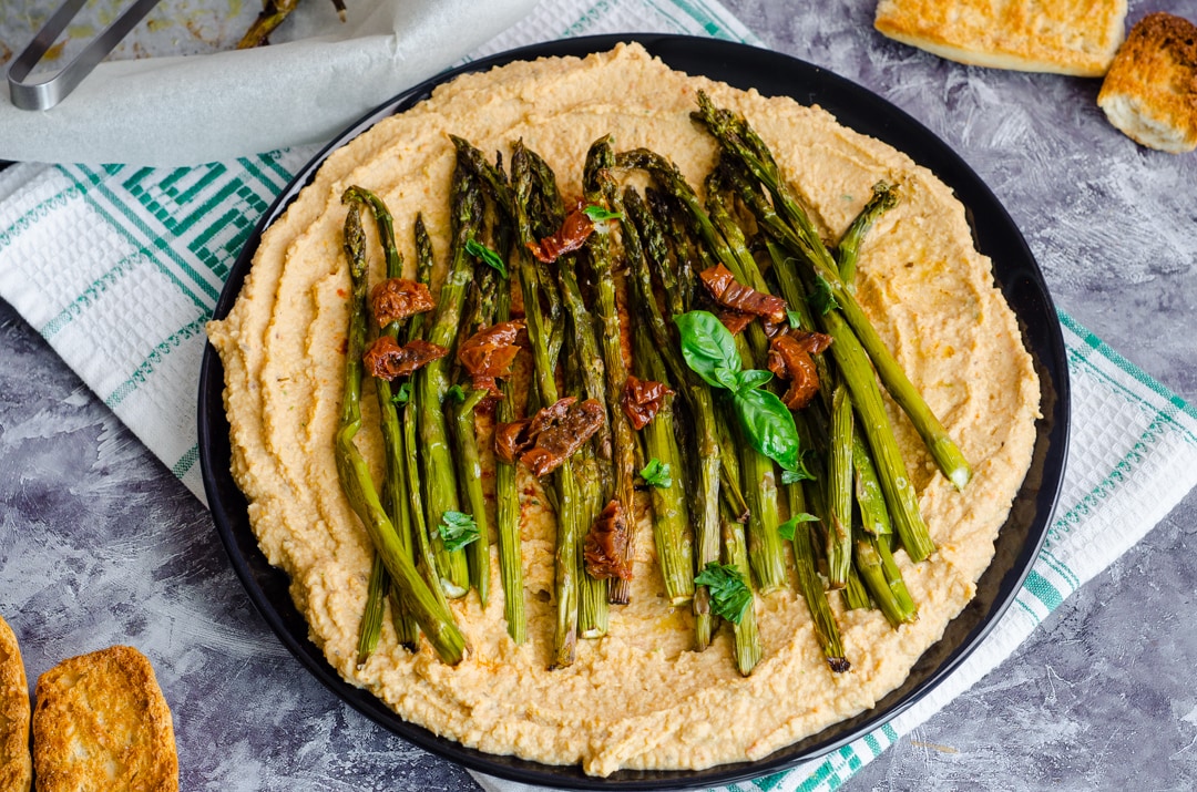 Baked Asparagus with Sun-Dried Tomato Hummus