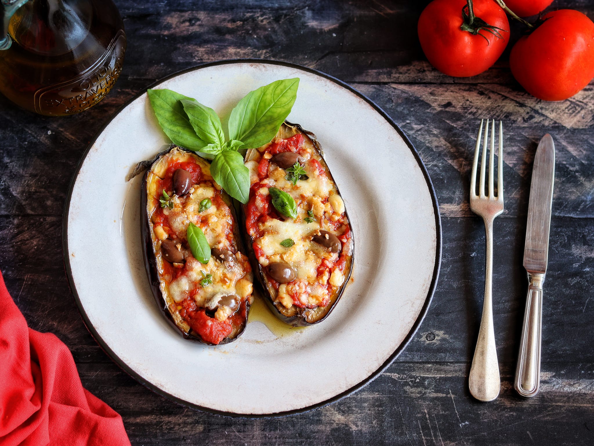 Baked Eggplants with Tomato, Olives, and Mozzarella