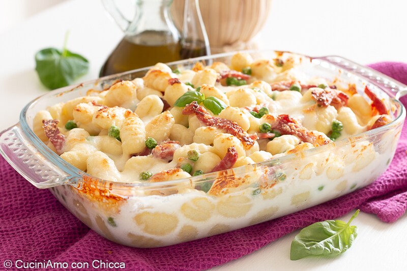 Baked Gnocchi with Speck and Peas