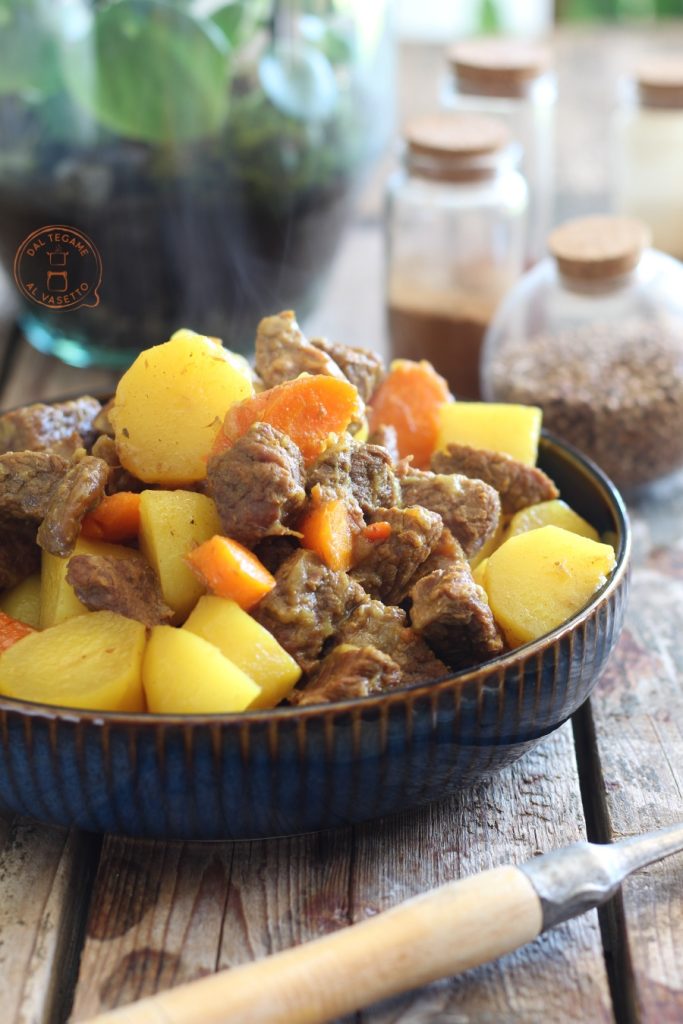 Moroccan-style stew called tagine made with beef chunks with potatoes and carrots cooked in the instant pot