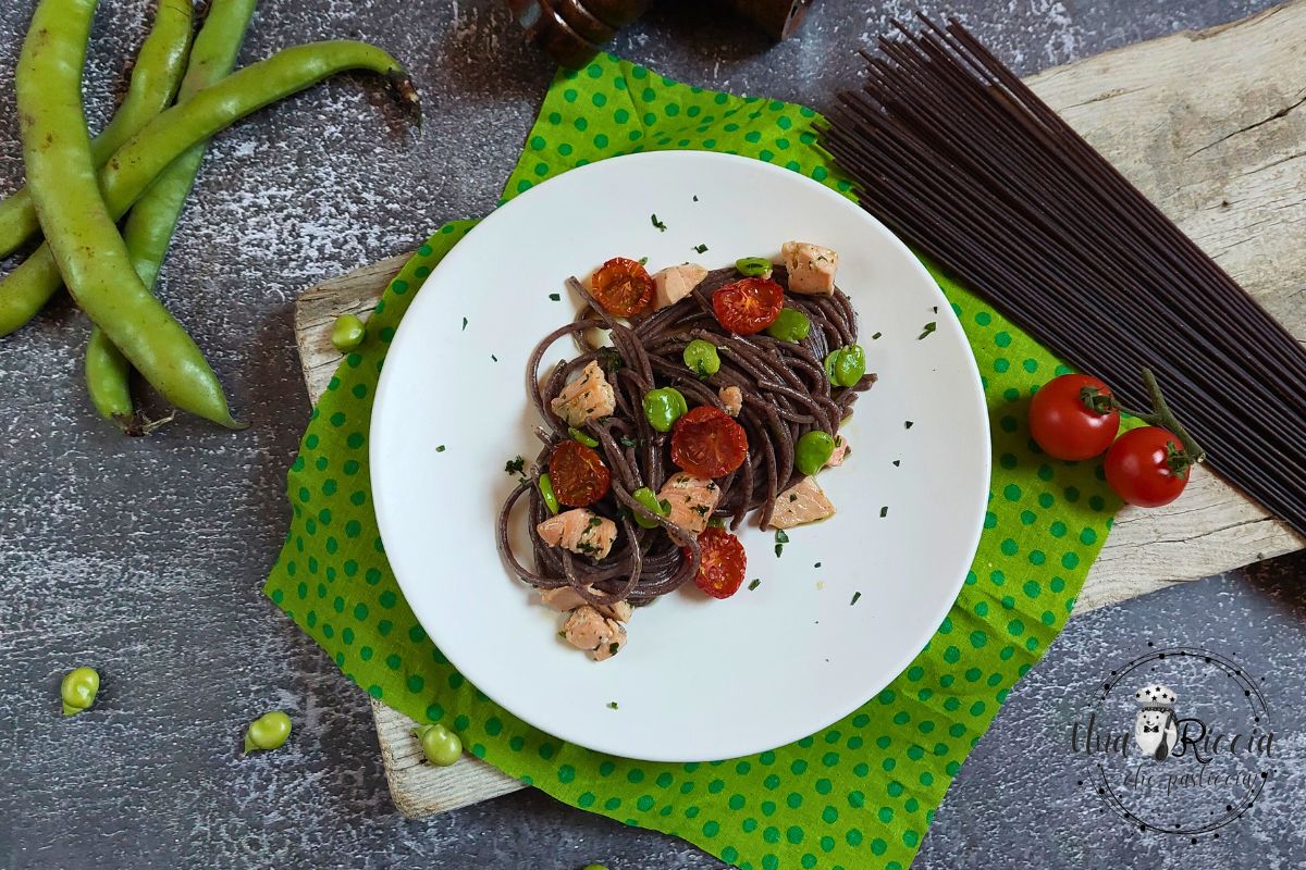 Black Rice Pasta with Salmon and Fava Beans