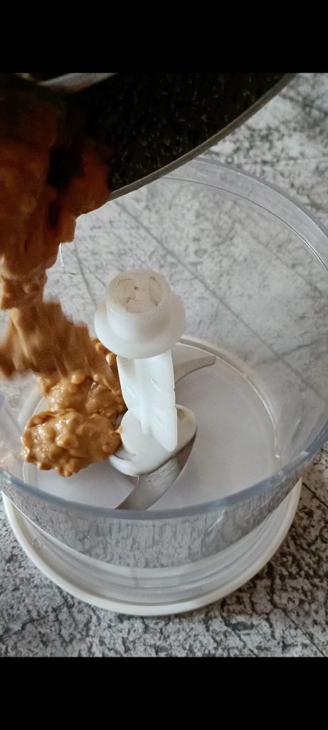 Blend peanut butter, coconut milk, and agave syrup