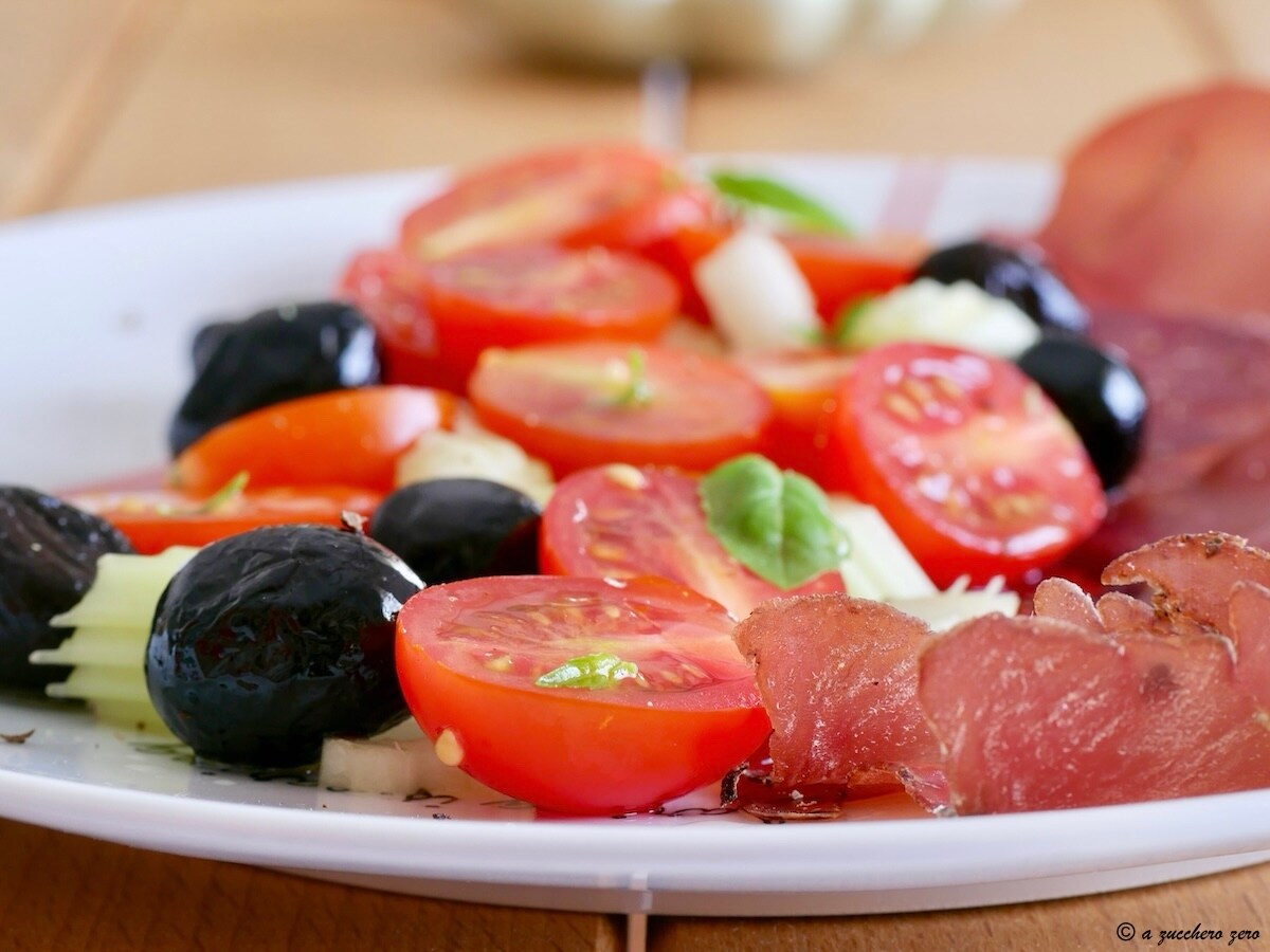 Bresaola and Cherry Tomatoes with Celery and Olives
