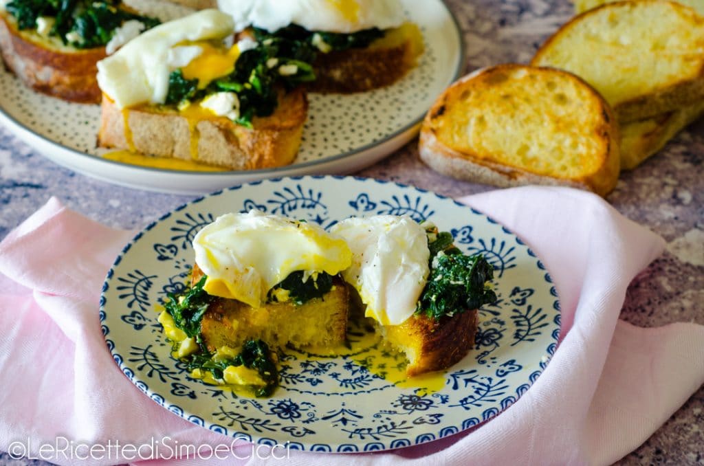 Bruschetta with Spinach, Feta, and Poached Eggs