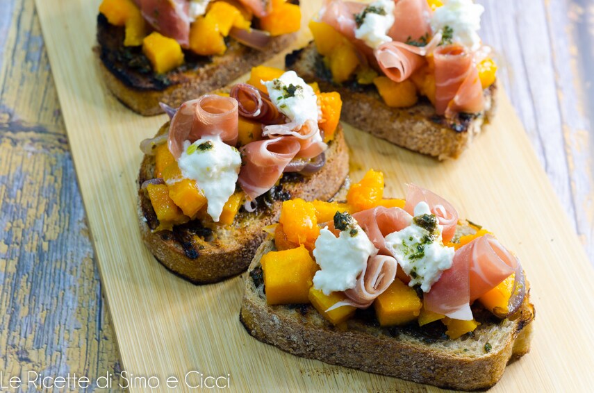 Bruschetta with Pumpkin, Prosciutto Crudo, and Stracciatella