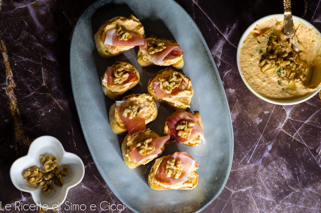 Crostini with Pumpkin Cream, Speck, and Walnuts