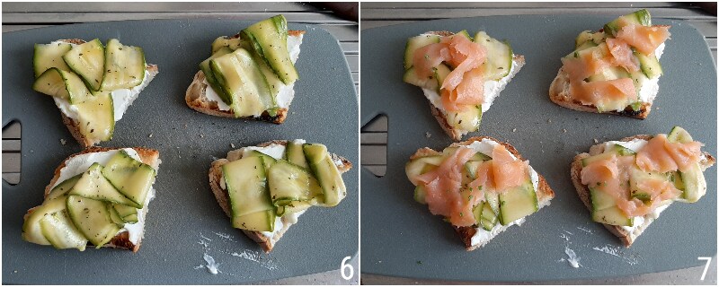 C. Garnish the bruschetta with smoked salmon and marinated zucchini
