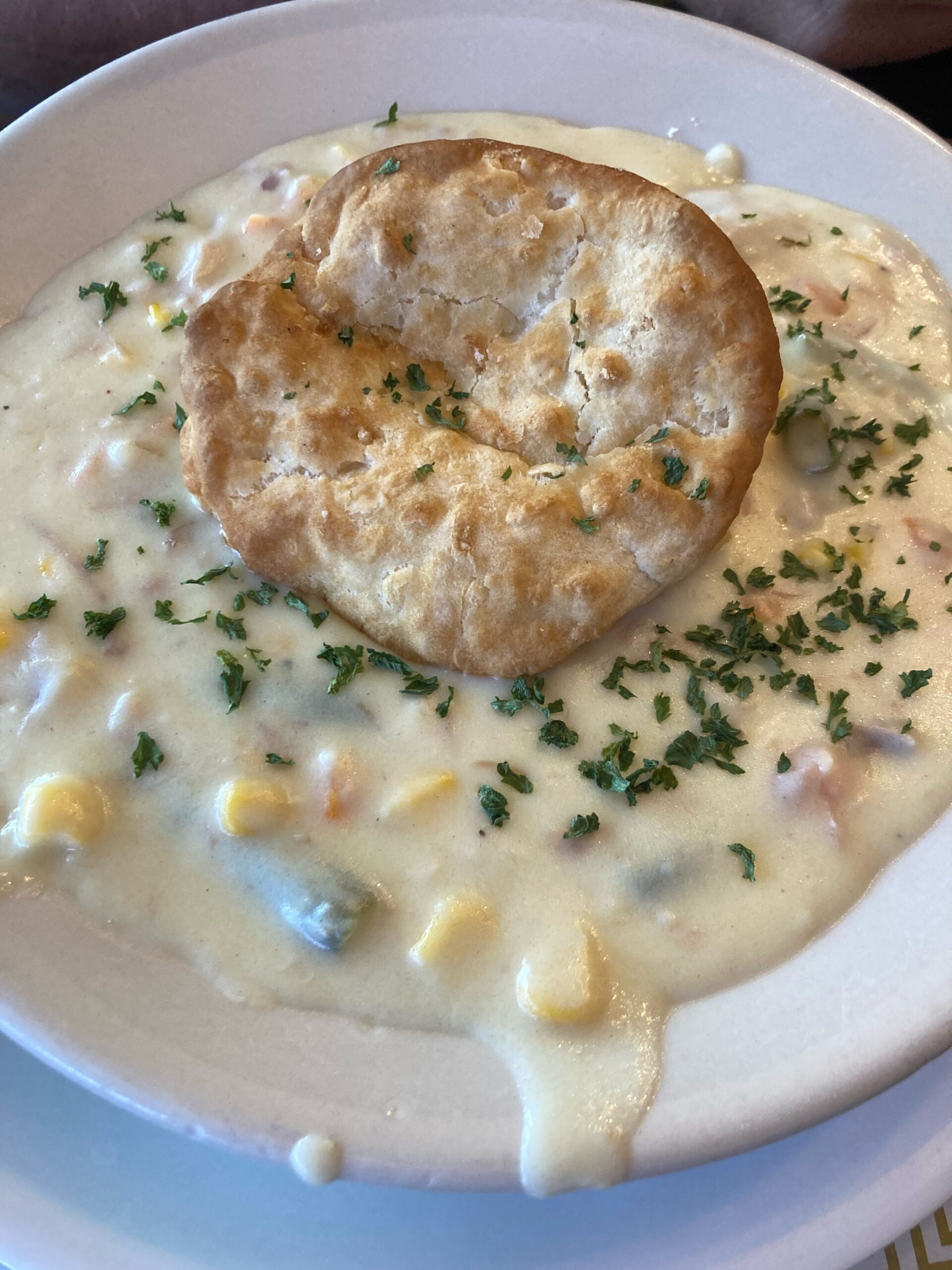 Chicken pot pie over biscuits (United States)