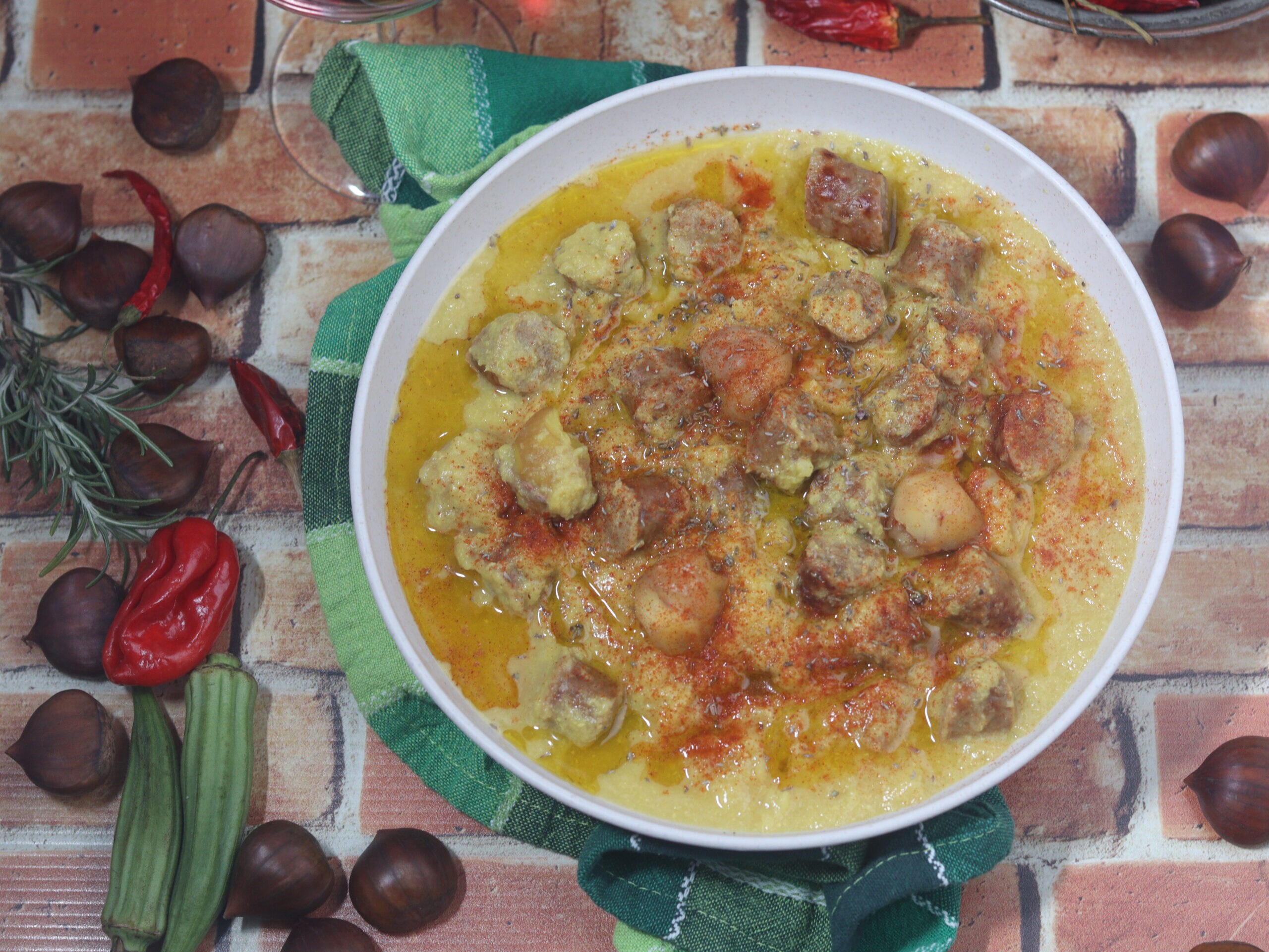 Cauliflower Cream with Chestnuts and Sausage