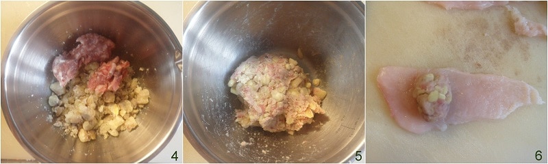 Chicken rolls with chestnuts and sausage, tasty recipe, il chicco di mais 2 prepare the filling