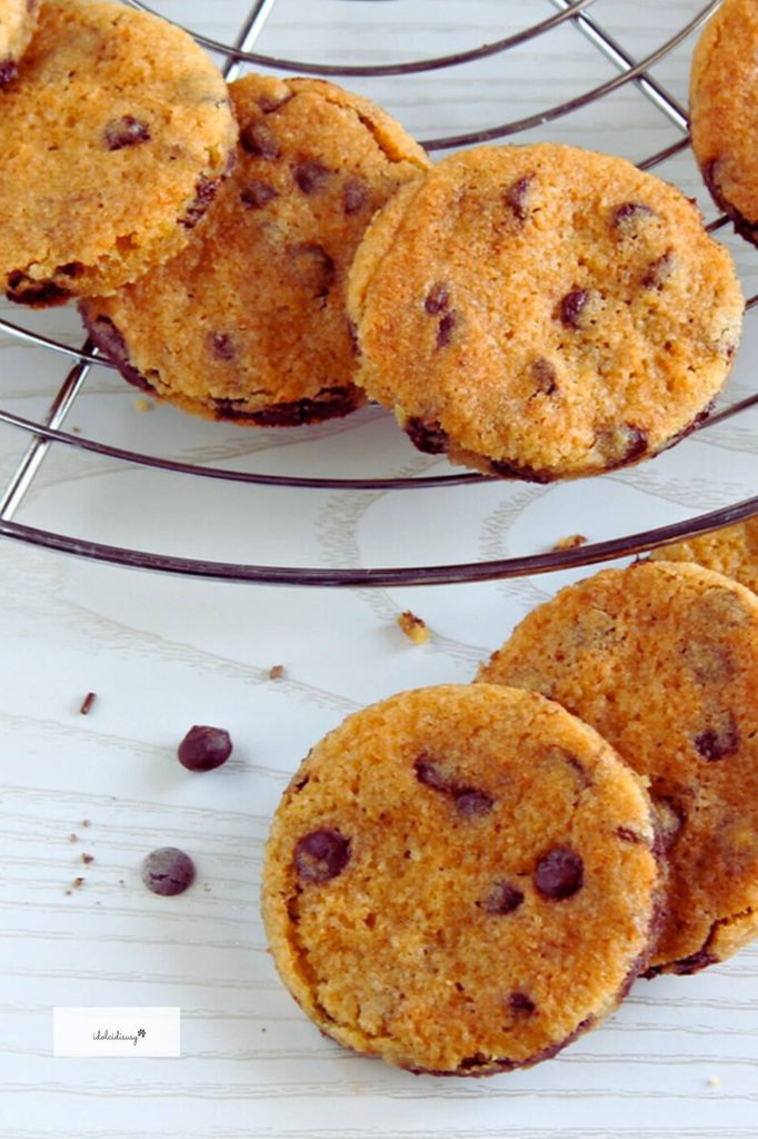 freshly baked chocolate chip cookies on a cooling rack