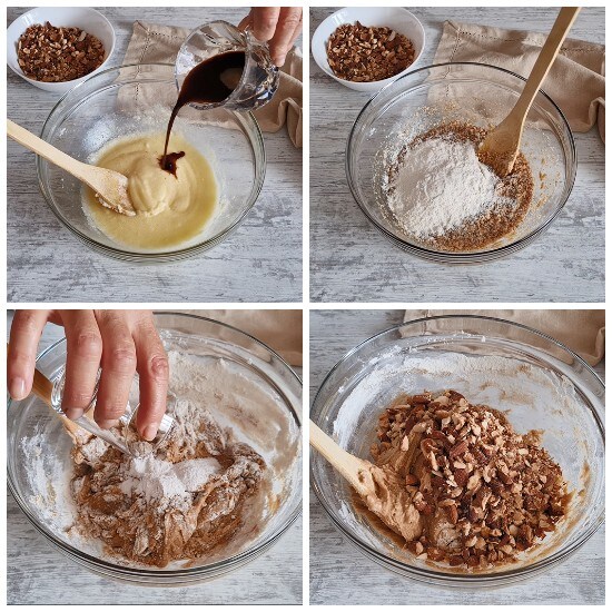 add coffee, flour, baking powder, and almonds