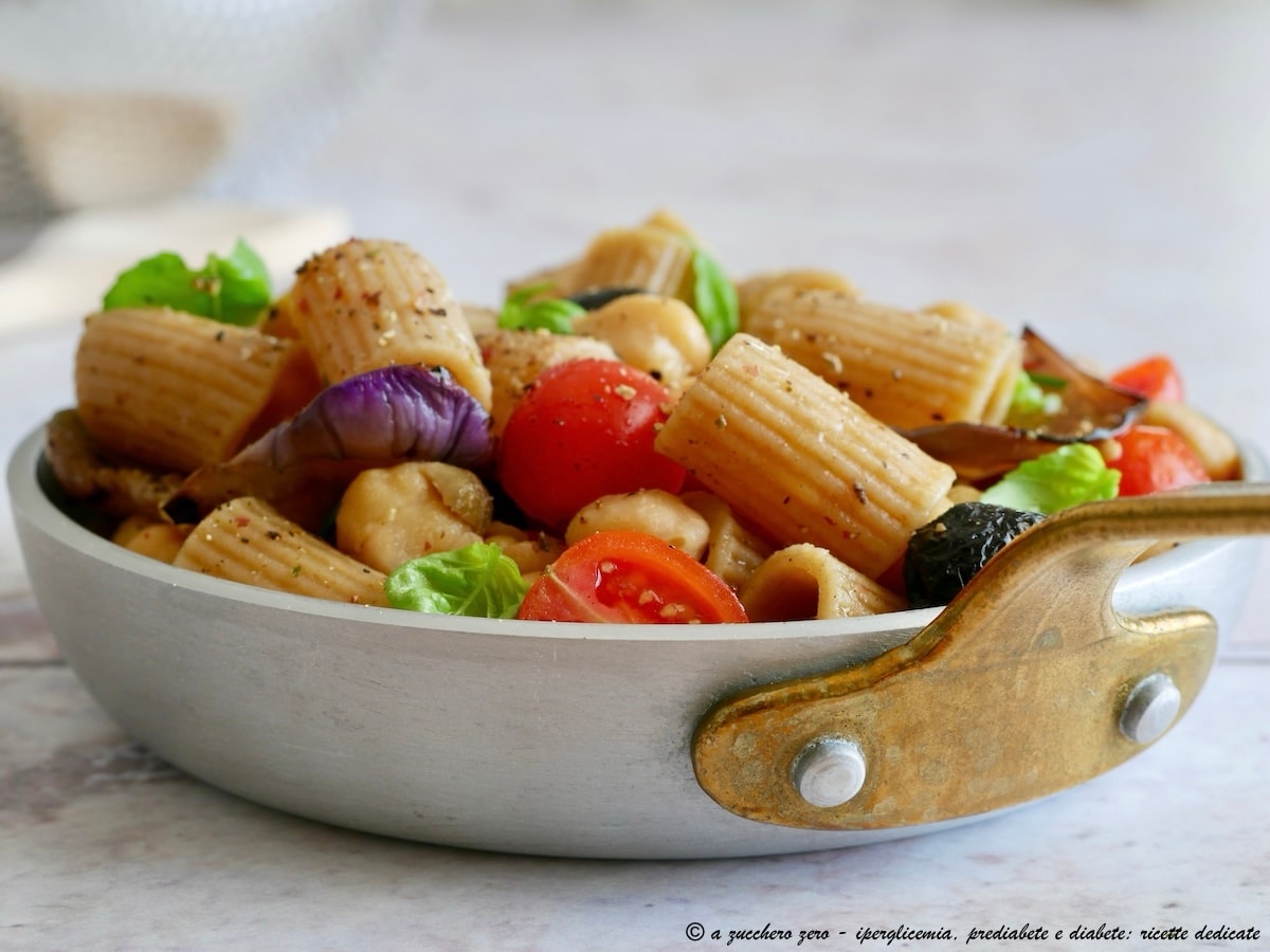 Cold Pasta with Chickpeas and Eggplant with Cherry Tomatoes, Olives, and Capers