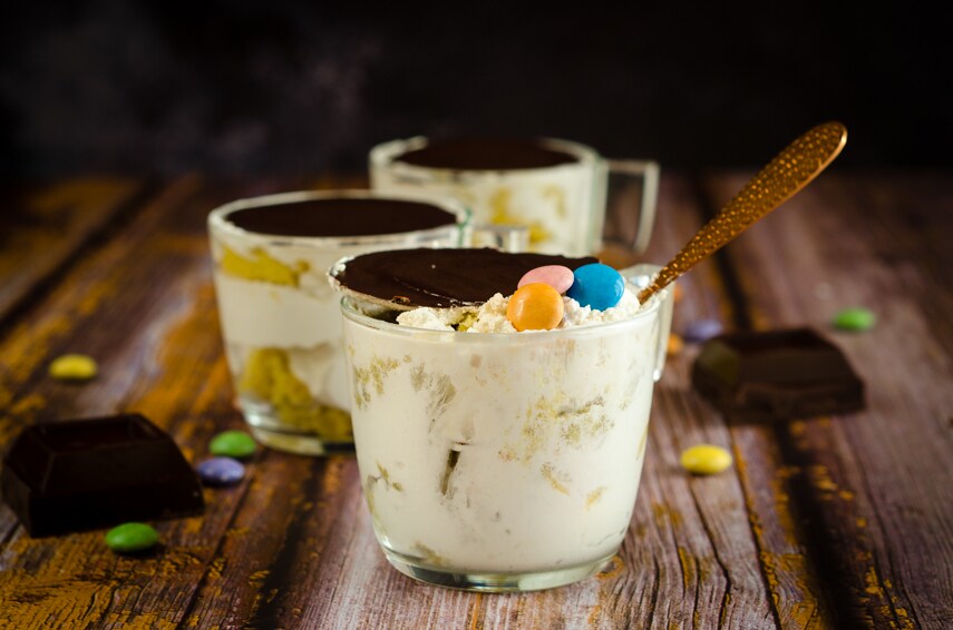 Cups of Sponge Cake with Cream and Smarties