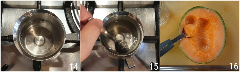 D. dissolving gelatin in hot water for melon jelly