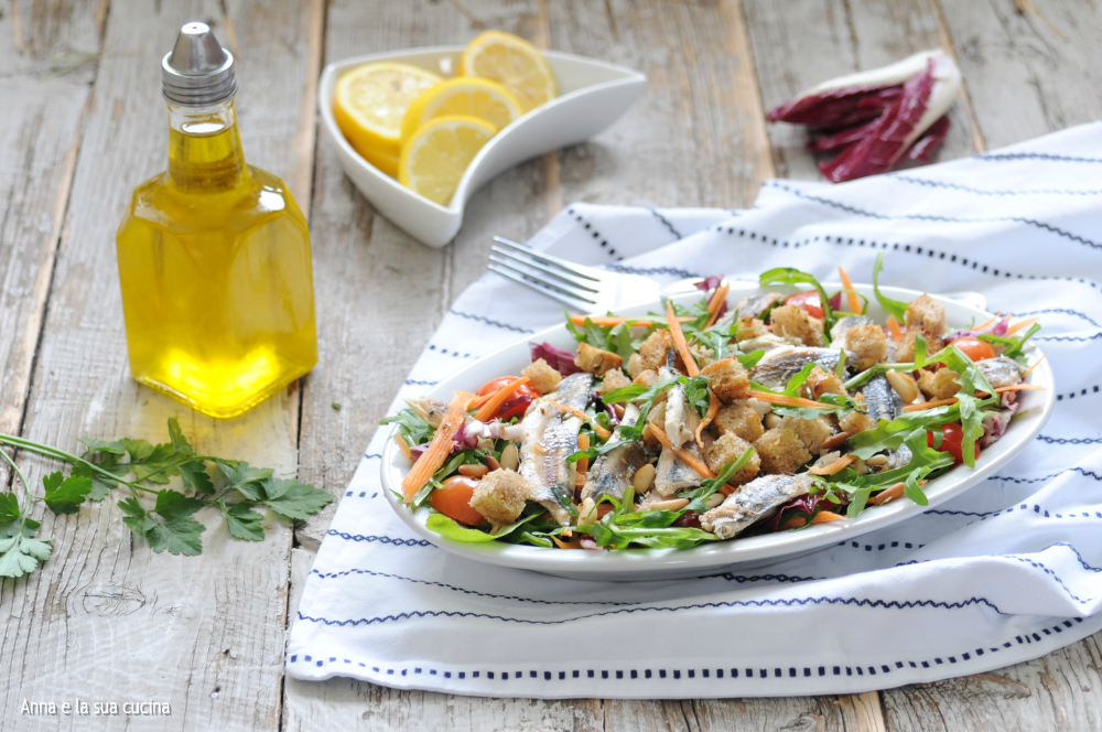 Anchovies on Mixed Salad and Croutons