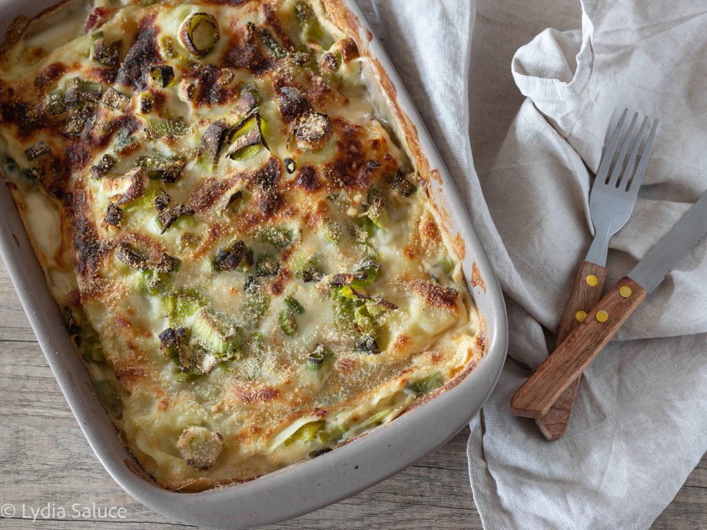 white lasagna with speck and leeks