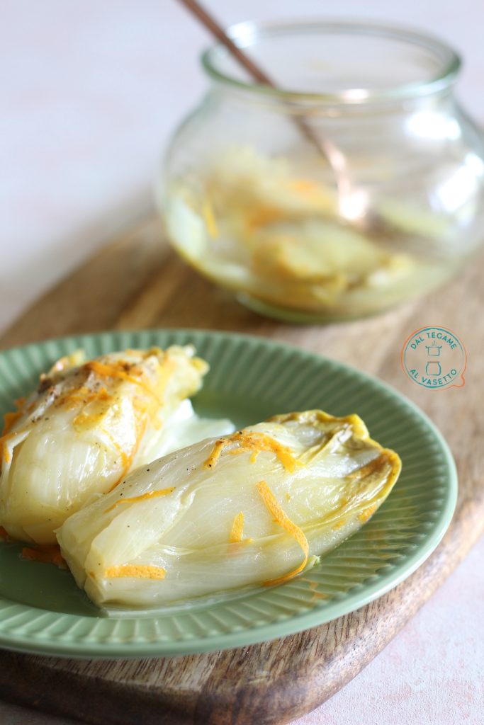 Heads of Belgian endive cooked in a jar using the microwave jar cooking technique
