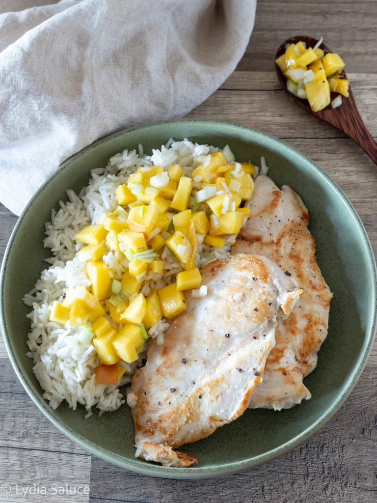 chicken and mango rice bowl collage